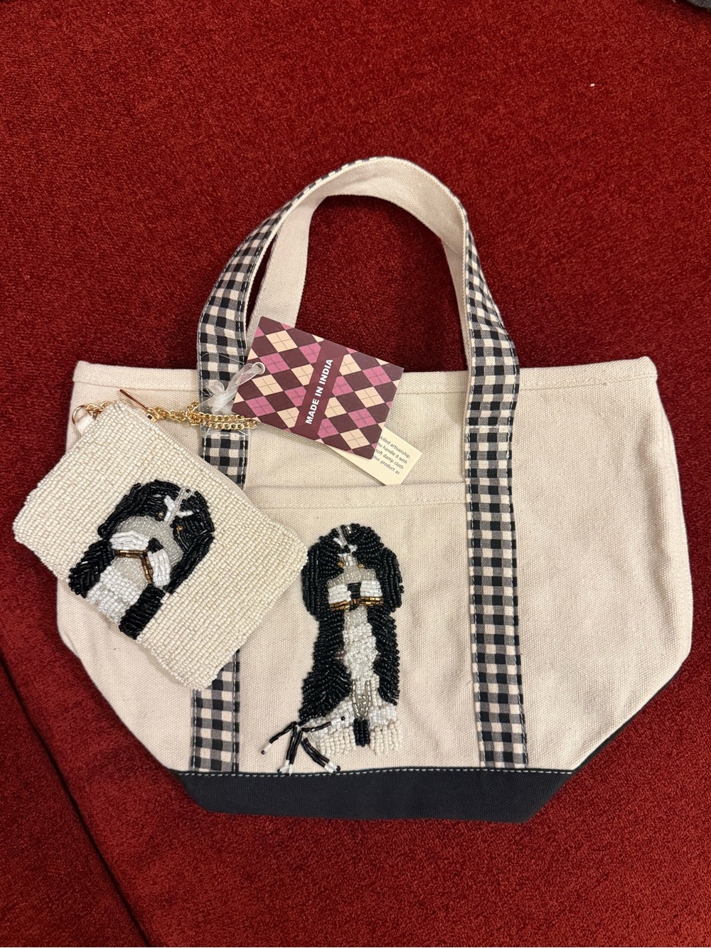NWT Bernedoodle Black and White Dog Gingham Beaded Canvas Tote Bag